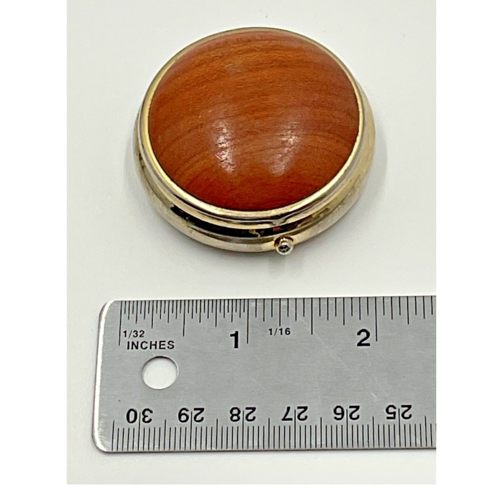 Vintage Round Pill Box‎ Wood Inlay Gold Tone 3-Compartment